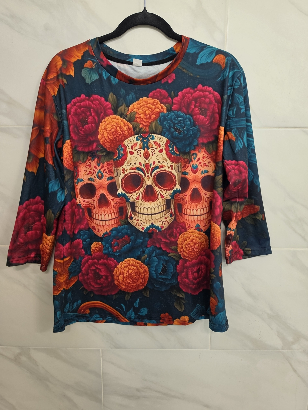 Floral Sugar Skull Print Women's Tee - Teal & Multicolor